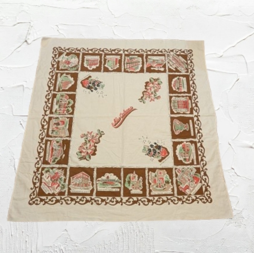 Vintage NOLA Cream Brown Tablecloth Floral Motifs New Orleans